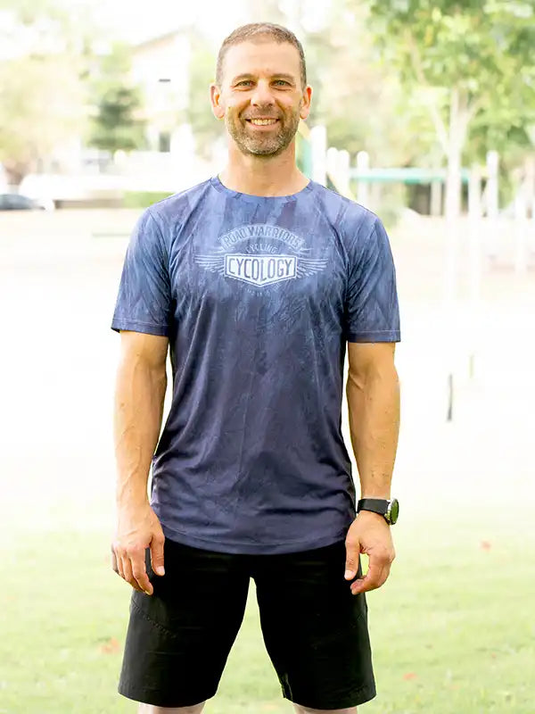 Road Warriors Men's Blue Technical T shirt on Model | Cycology AUS